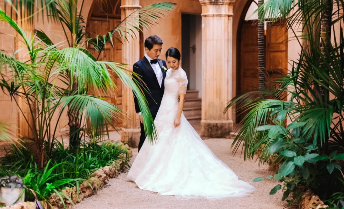 Bride and groom at Castillo de Bendinat in Mallorca during their destination wedding