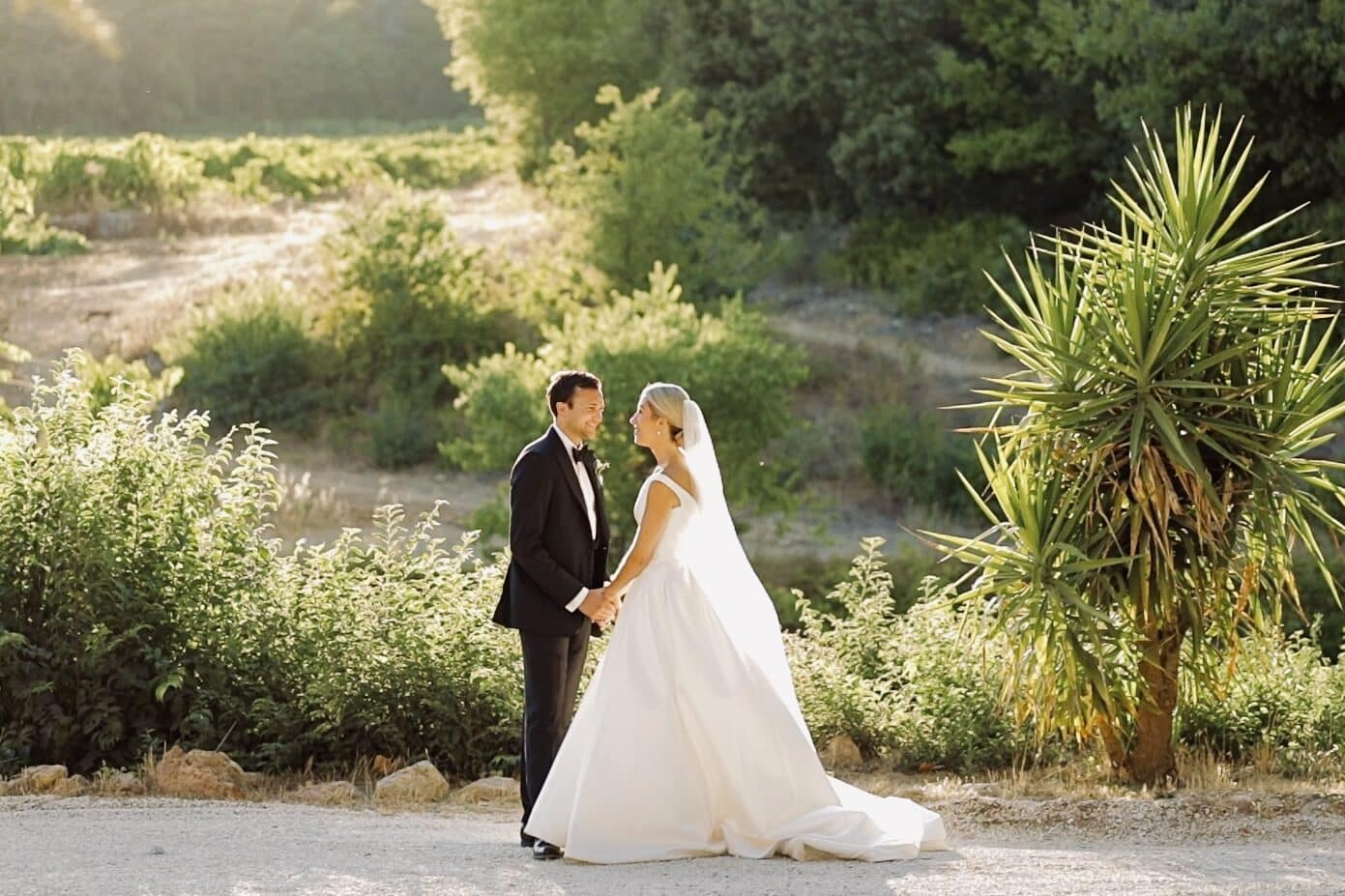Bride Alexa in her pearl-white gown and groom Alex holding hands in the grounds of Château de Robernier, surrounded by Provençal gardens and golden summer light — HD Moments