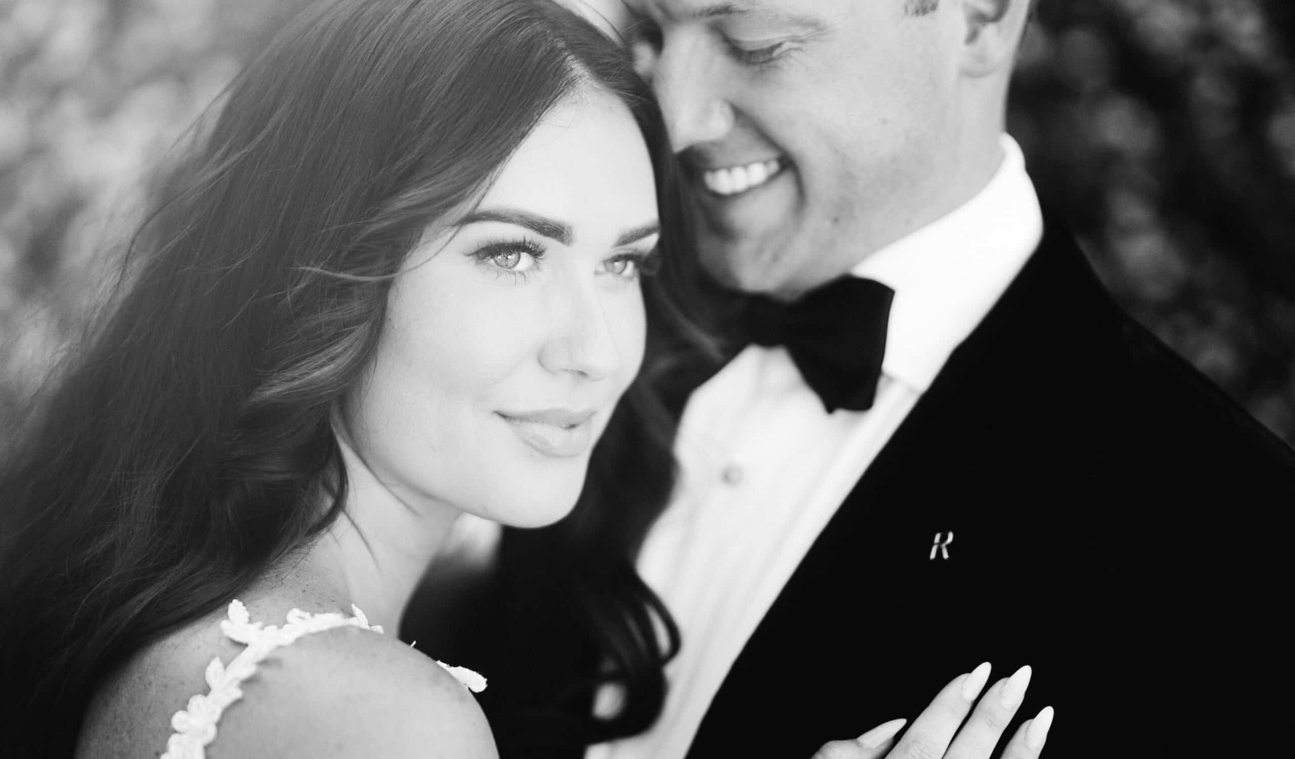 Bride Shelby in her Galia Lahav gown and groom Mackenzie smiling together at their intimate wedding at Villa Bonomi, Lake Como — destination wedding filmed by HD Moments Italy